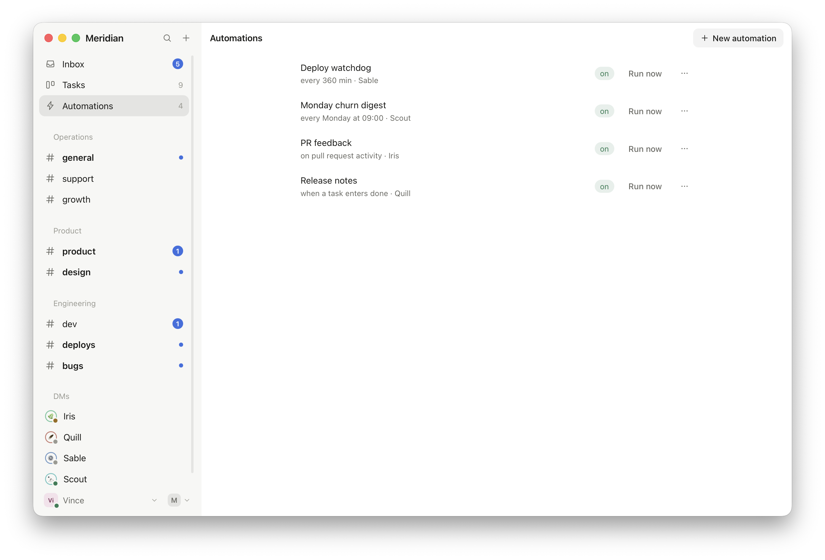 Automations: churn digest, PR feedback, release notes, deploy watchdog