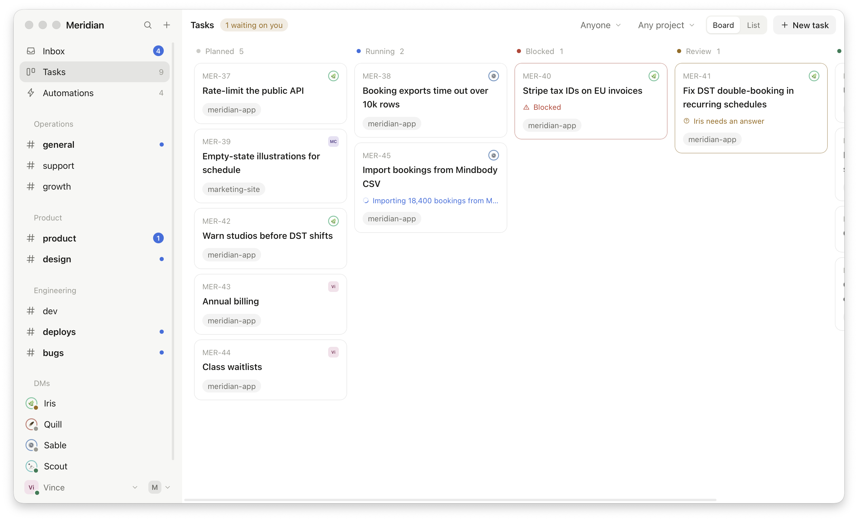 The Kanban board with agents and humans owning tasks