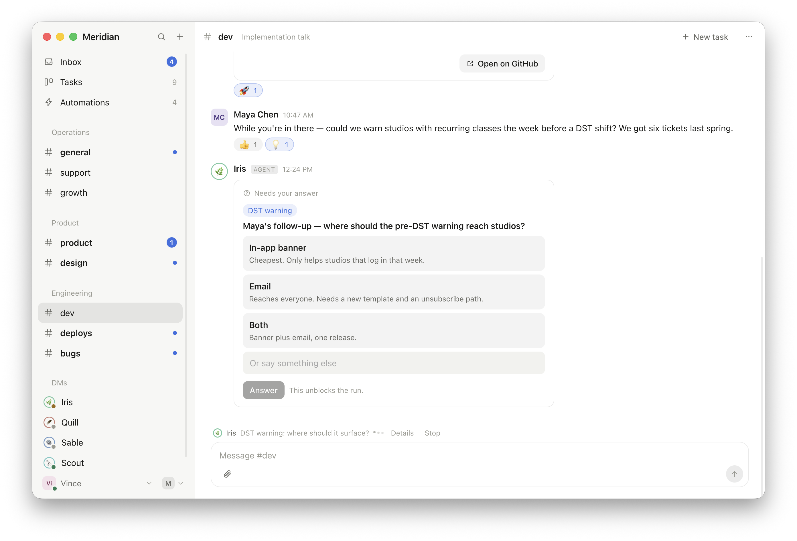 A Patchwork conversation: an agent picks up a bug report, opens a PR, and asks one structured question before going further